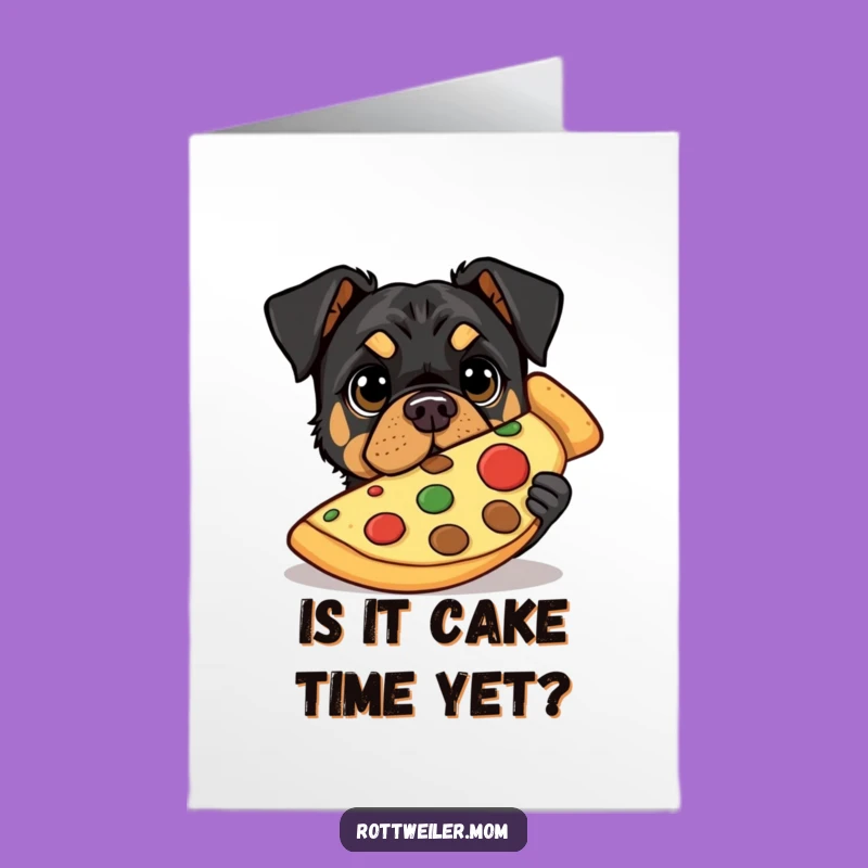 Free Printable Funny Birthday Card: Pizza-Loving Rottweiler Sneaks a Slice!