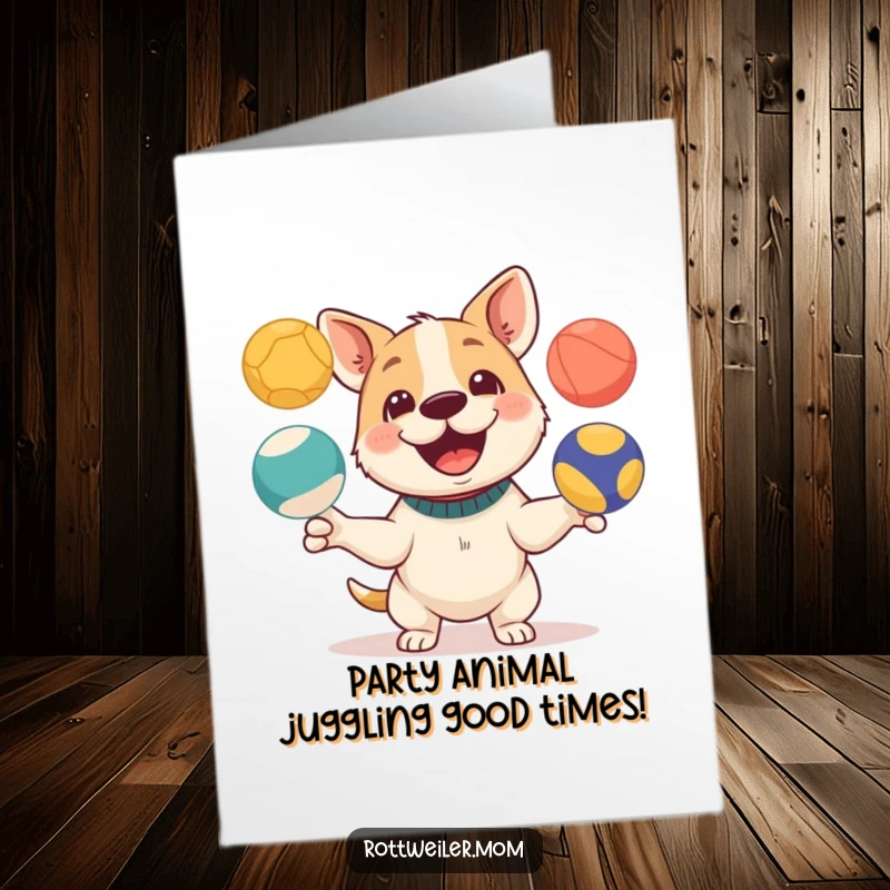 Funny Free Printable Birthday Card: A happy dog playfully juggling three colorful balls, spreading birthday cheer.