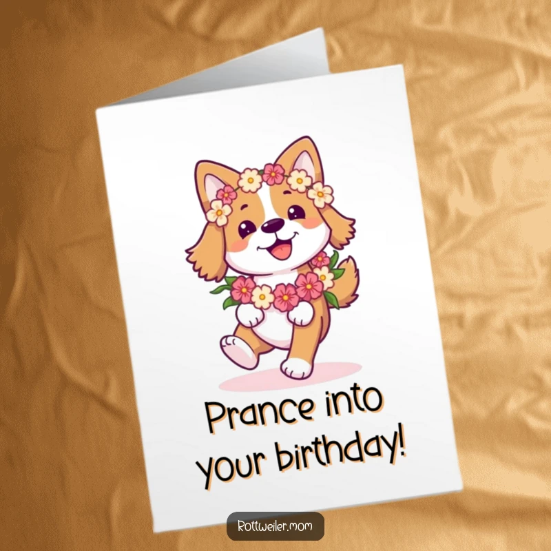 Funny Free Printable Birthday Card: Dog with a flower garland joyfully prancing with a wagging tail, celebrating birthdays.