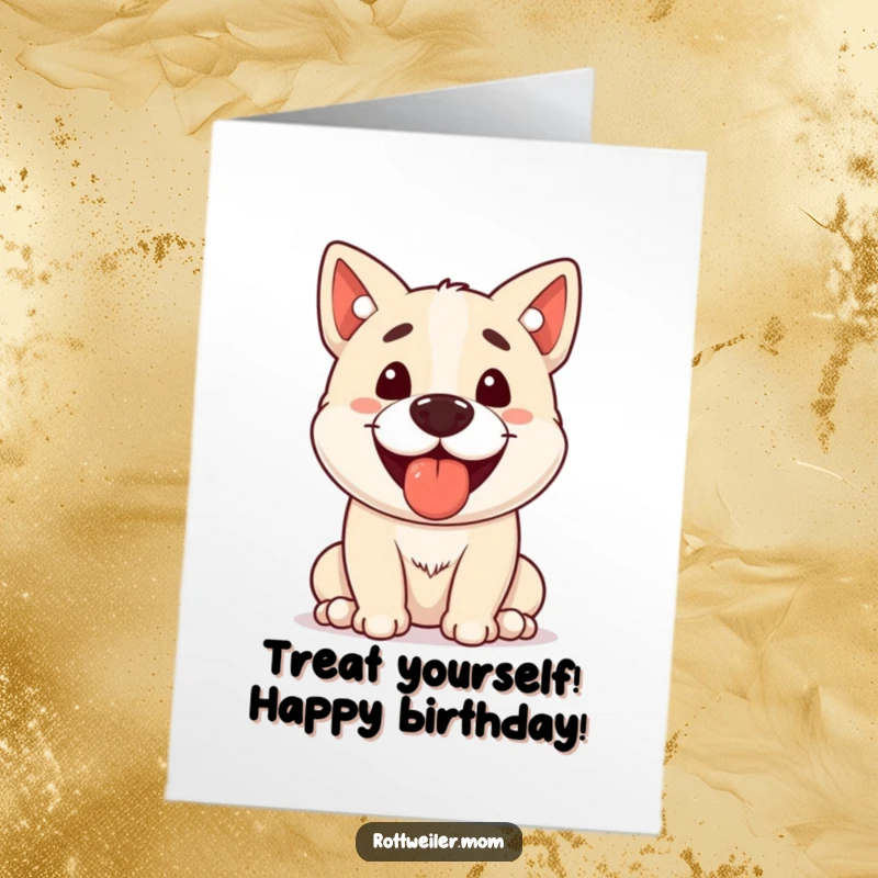 Funny Free Printable Birthday Card of a stocky dog happily panting with a treat balanced precariously on its nose.