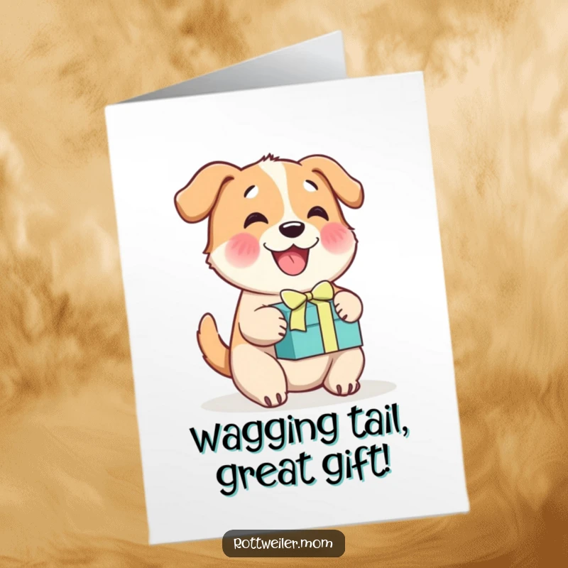 Funny Free Printable Birthday Card: A cheerful dog wags its tail excitedly, holding a colorful gift box for you.