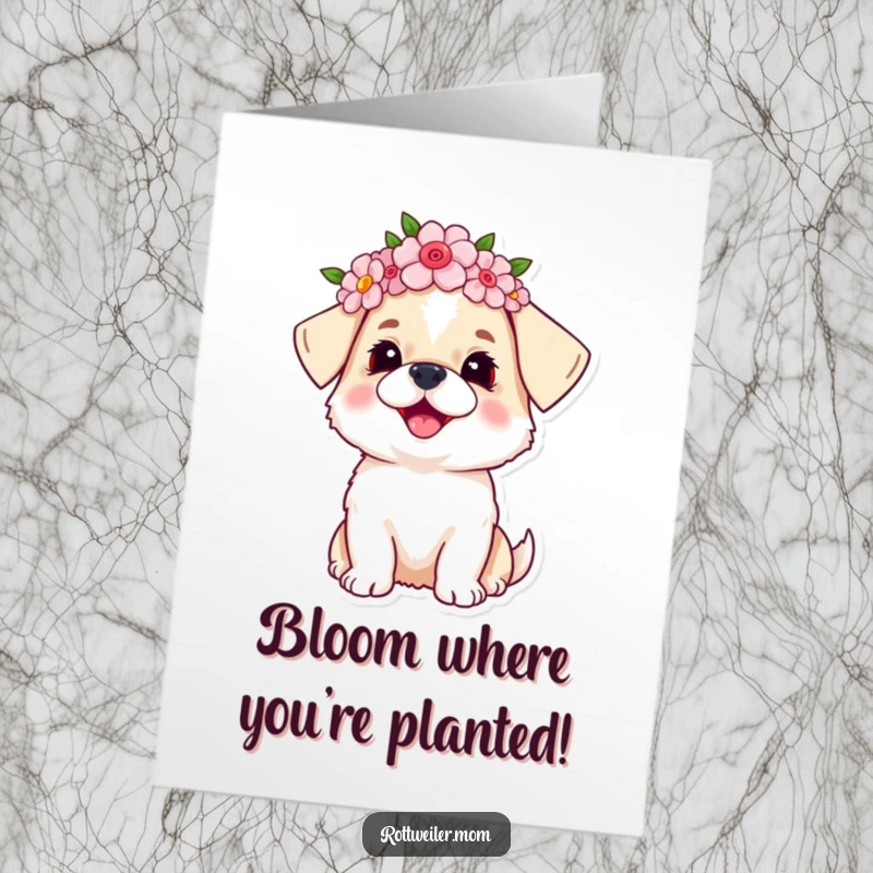 Funny Free Printable Congrats Card: A small dog wearing a delicate flower crown, gazing upwards with a happy, hopeful expression.