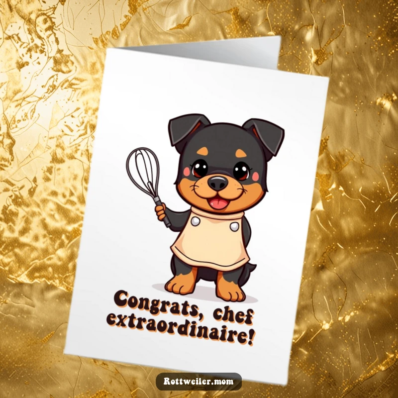 Funny Free Printable Congrats Card: A smiling kawaii Rottweiler chef in an apron proudly holding a whisk, celebrating a tasty achievement.