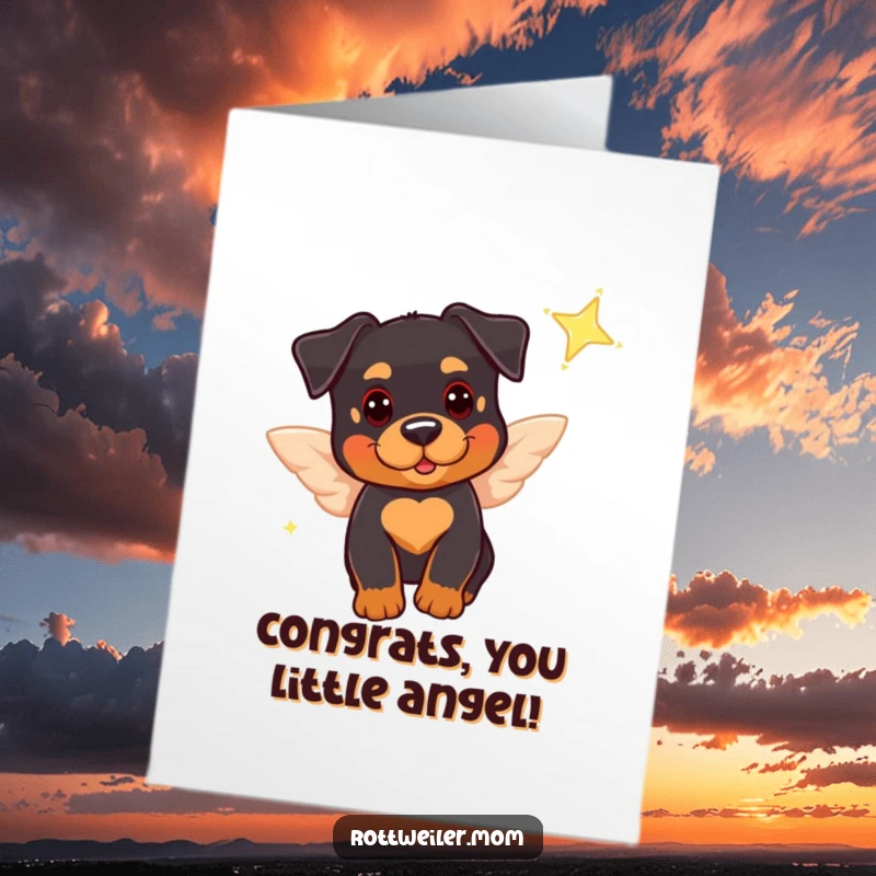 Funny Free Printable Congratulations Card: A cute Rottweiler with tiny wings, a playful angel, celebrating success.