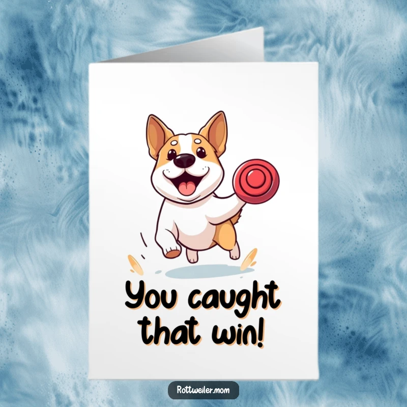 Funny Free Printable Congrats Card: Stocky dog with alert ears energetically pursues a frisbee, symbolizing focus and successful achievements.