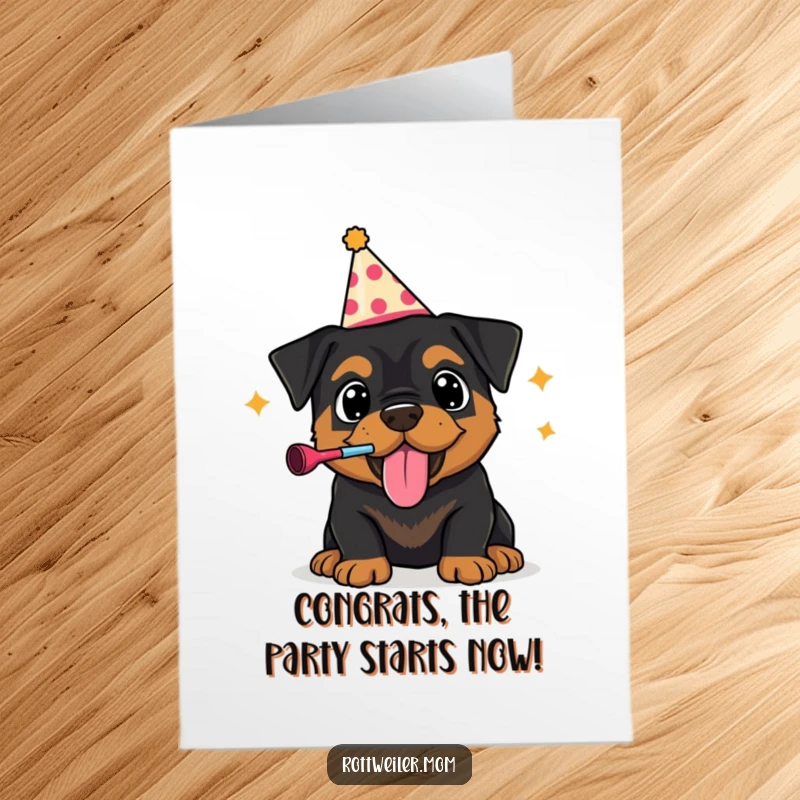 Funny Free Printable Congratulations Card: A Rottweiler puppy in a party hat, blowing a noisemaker to celebrate success.