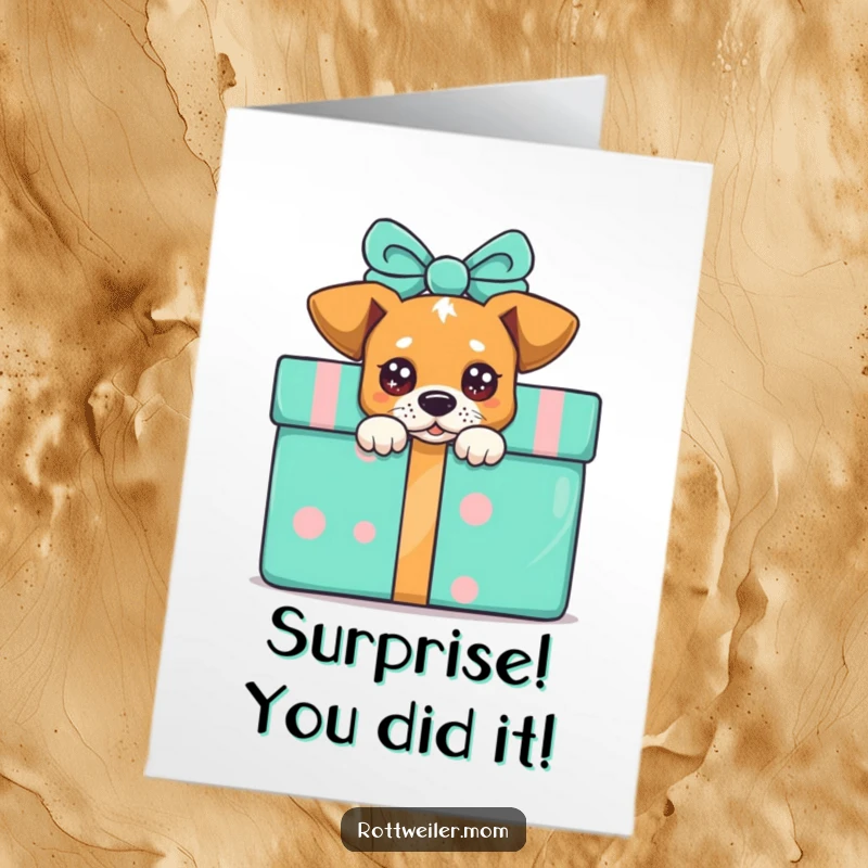 Funny Free Printable Congrats Card: A dog with wide, sparkling eyes peeks curiously from behind a big, colorful present.