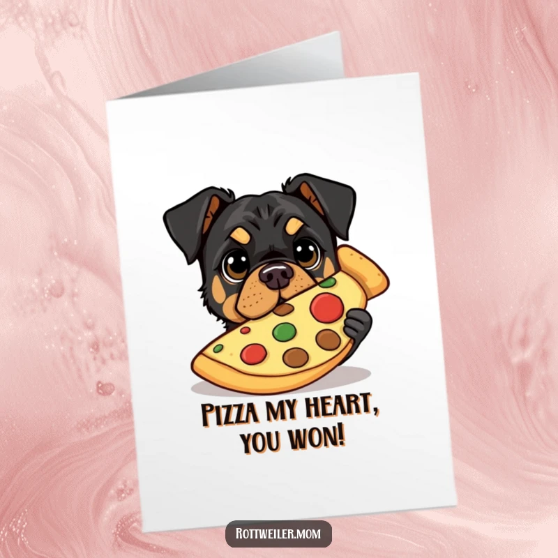 Funny Free Printable Congrats Card: Rottweiler peeking wide-eyed from behind a huge pizza slice