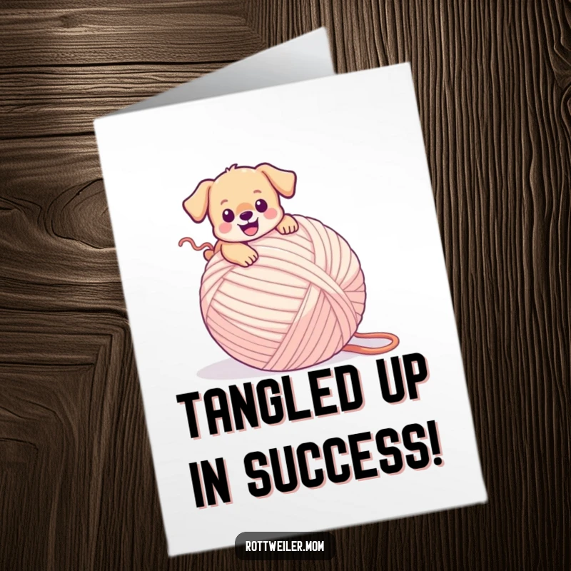 Funny Free Printable Congrats Card: A small puppy happily entangled with a giant yarn ball, a picture of cute chaos.
