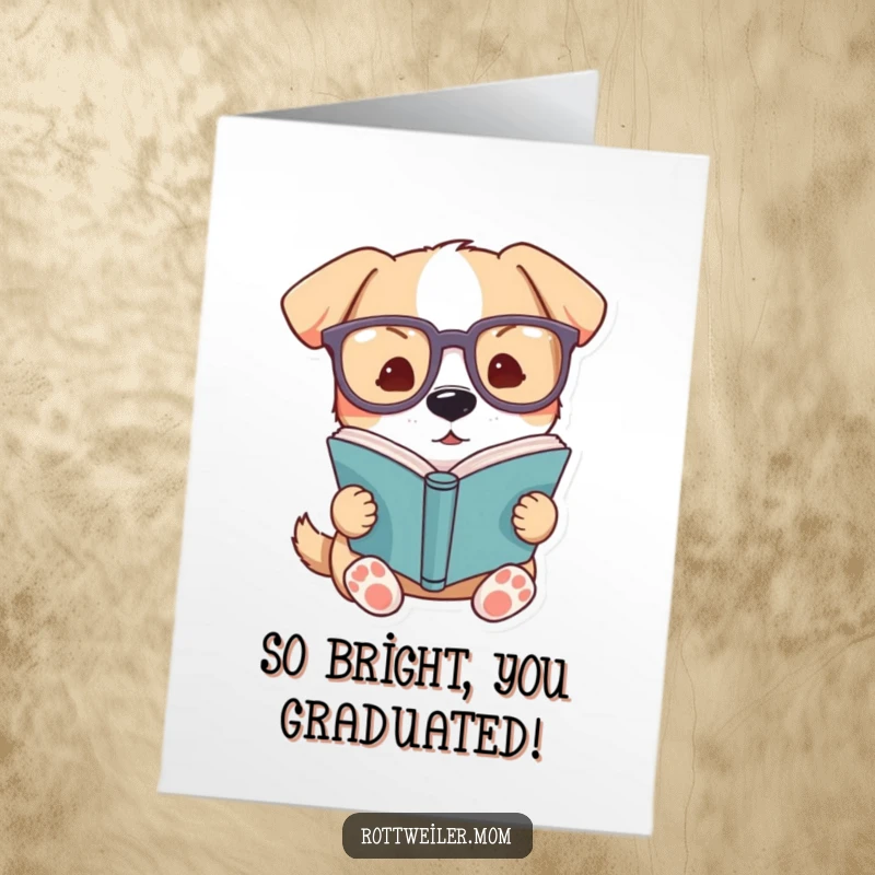 Funny Free Printable Congratulations Card: A dog wearing oversized glasses looks studious while reading a book, celebrating success.