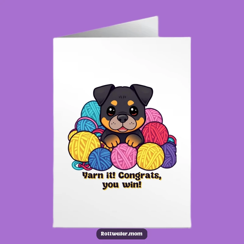 Free Printable Kawaii Rottweiler Yarn Congrats Card: Cute Dog Peeking Funny Gift