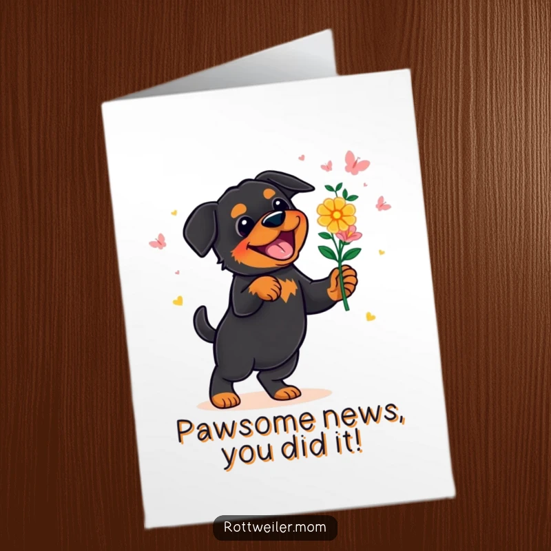 Funny Free Printable Rottweiler Congratulations Card: A happy dog wearing a tutu dances ecstatically with a flower bouquet.