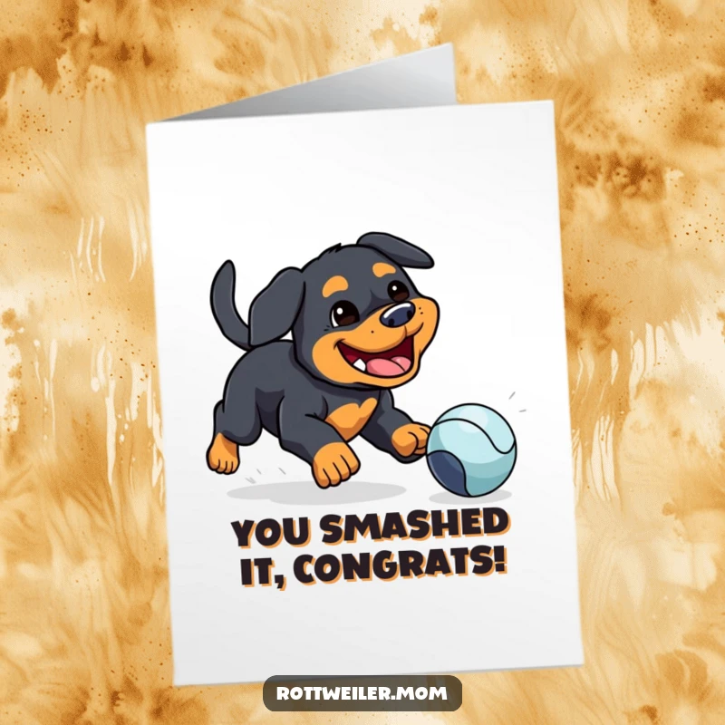 Funny Free Printable Congrats Card: A joyful kawaii Rottweiler in hot pursuit of a bouncing ball, capturing pure excitement.