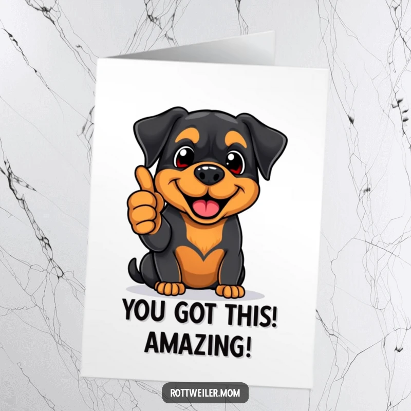 Funny Free Printable Rottweiler congratulations card, enthusiastically giving thumbs-up, big smile, approved dog.
