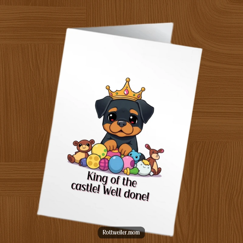 Funny Free Printable Congrats Card: Regal Rottweiler King, Crowned Dog, Toy Pile, Royal Humor