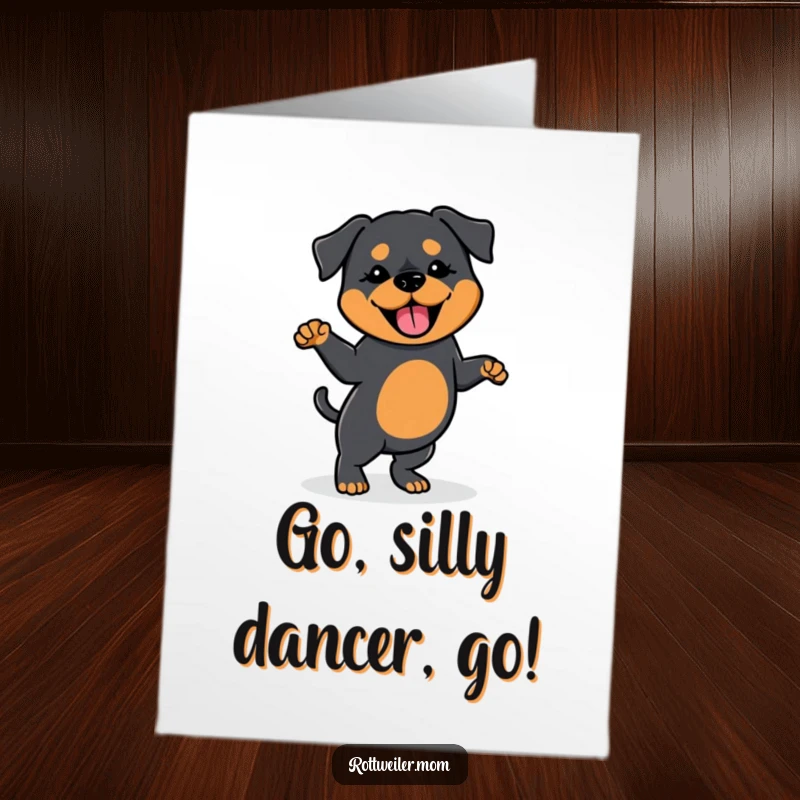 Funny Free Printable Congratulations Card: A dancing Kawaii Rottweiler with a wagging tail, celebrating success with silliness.