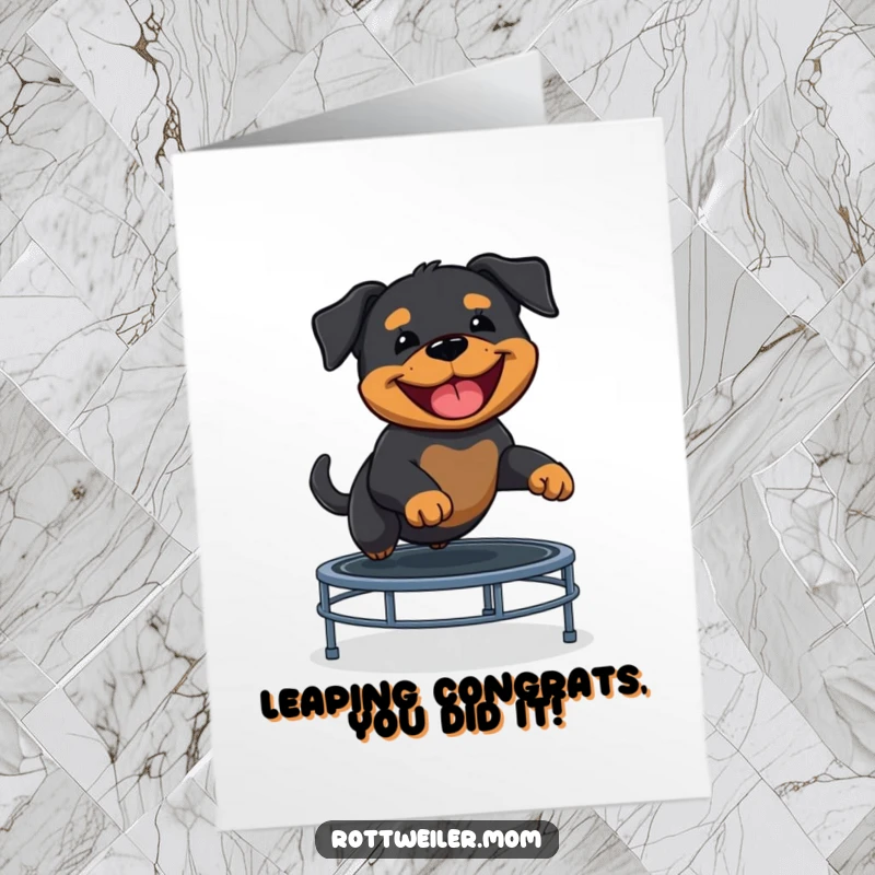 Funny Free Printable Congratulations Card: A gleeful Rottweiler puppy with a wide grin leaps on a trampoline, celebrating achievement.
