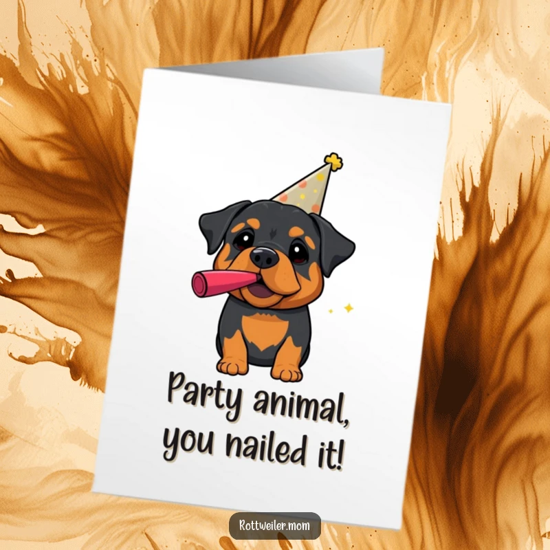 Funny Free Printable Rottweiler Congratulations Card: A rottweiler sporting a party hat enthusiastically blows a noisemaker.