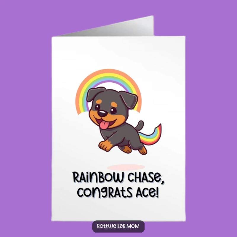 Free Printable Kawaii Rottweiler Rainbow Congrats Card: Funny Dog Chasing Gift