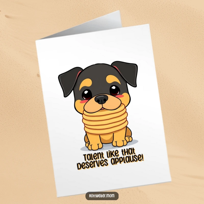 Funny free printable congrats card: A kawaii rottweiler struggles adorably with a towering pancake stack.