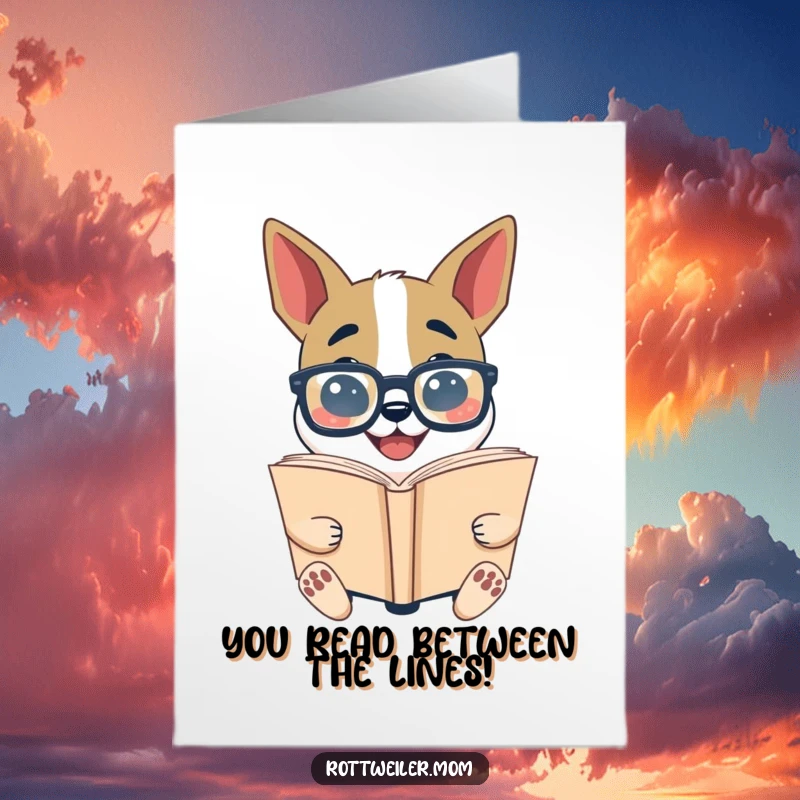 Funny Free Printable Congratulations Card: Dog with big glasses enthusiastically reading a huge book, celebrating success.