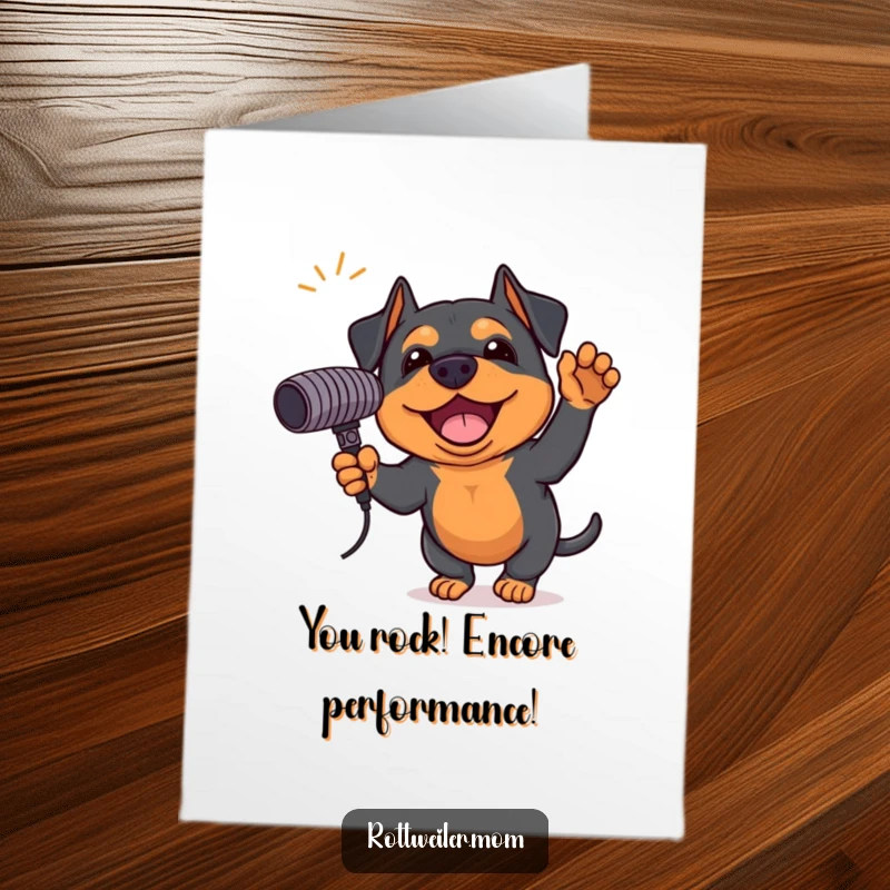 Funny Free Printable Rottweiler congratulations card, excited, holding giant microphone, ready to sing, superstar dog.
