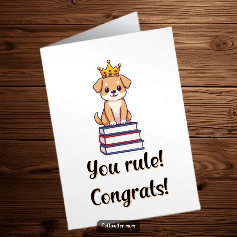 Funny Free Printable Congratulations Card: Dog in a crown sits proudly on books, celebrating a royal achievement.