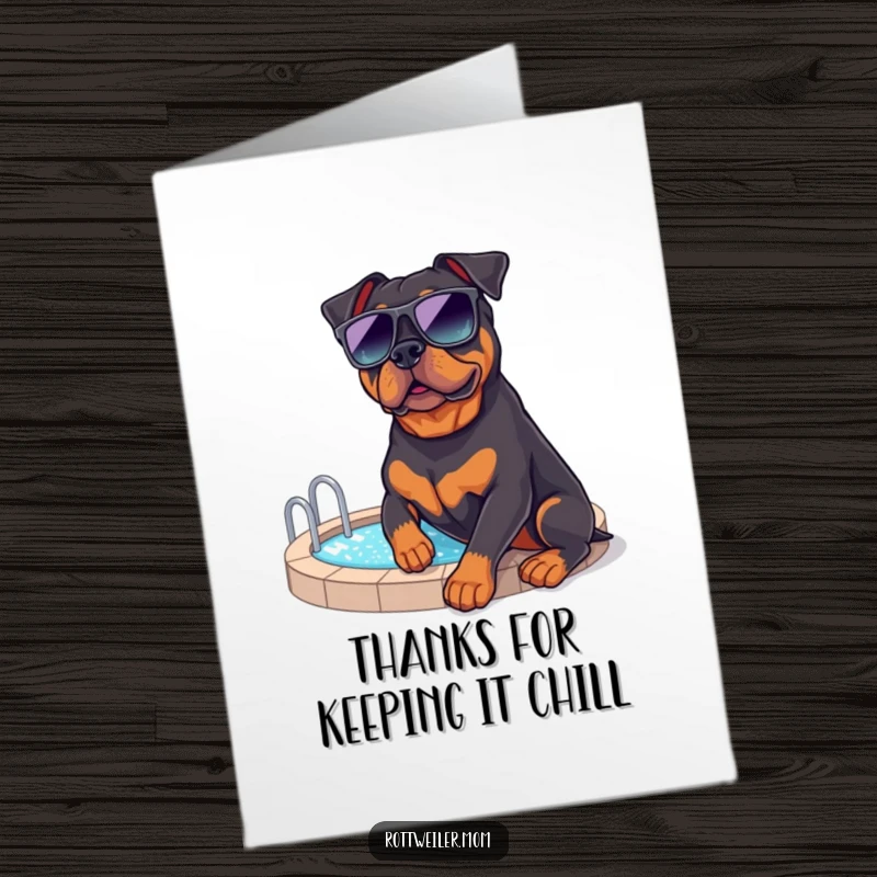Funny free printable thank you card: a rottweiler in big sunglasses relaxes by a tiny sparkling pool, expressing thanks.