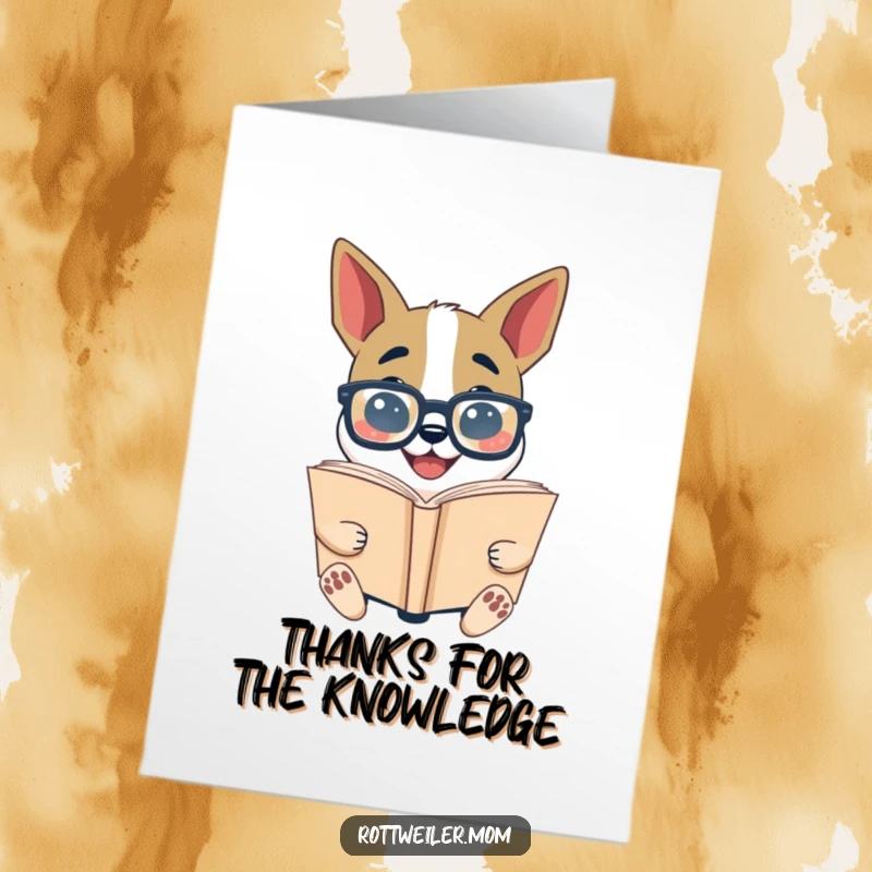 Funny Free Printable Thank You Card: Smiling dog wearing oversized glasses, deeply engrossed in reading a large book.