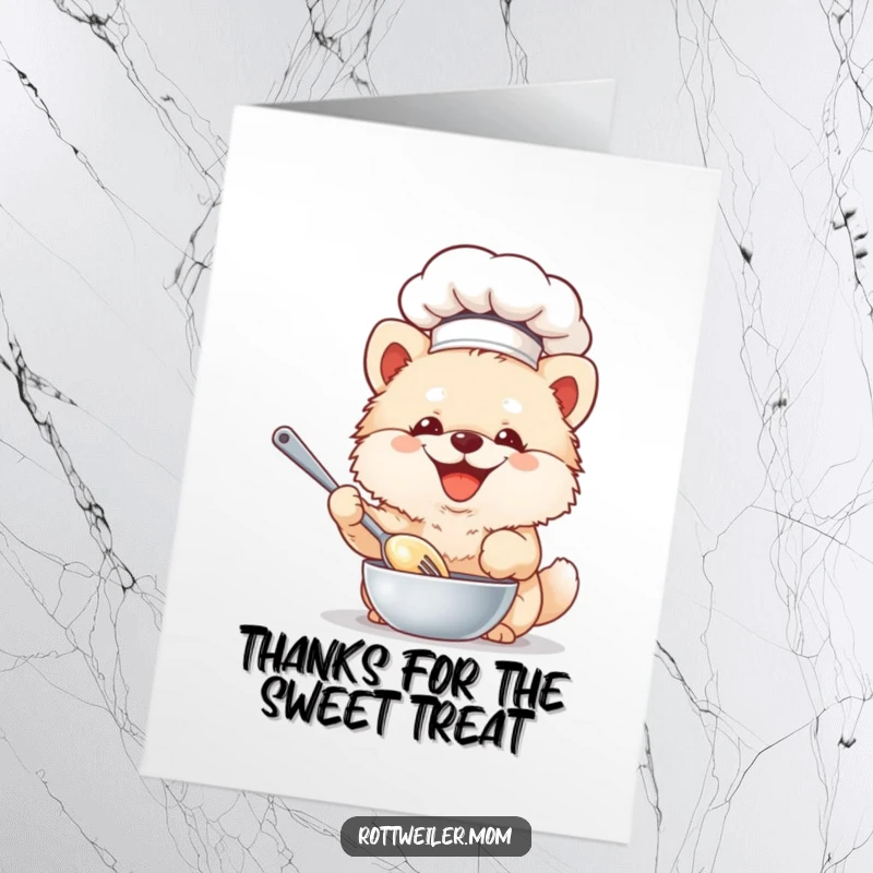 Funny Free Printable Thank You Card: Adorable dog wearing a chef hat joyfully whisks batter, a sweet thank you.