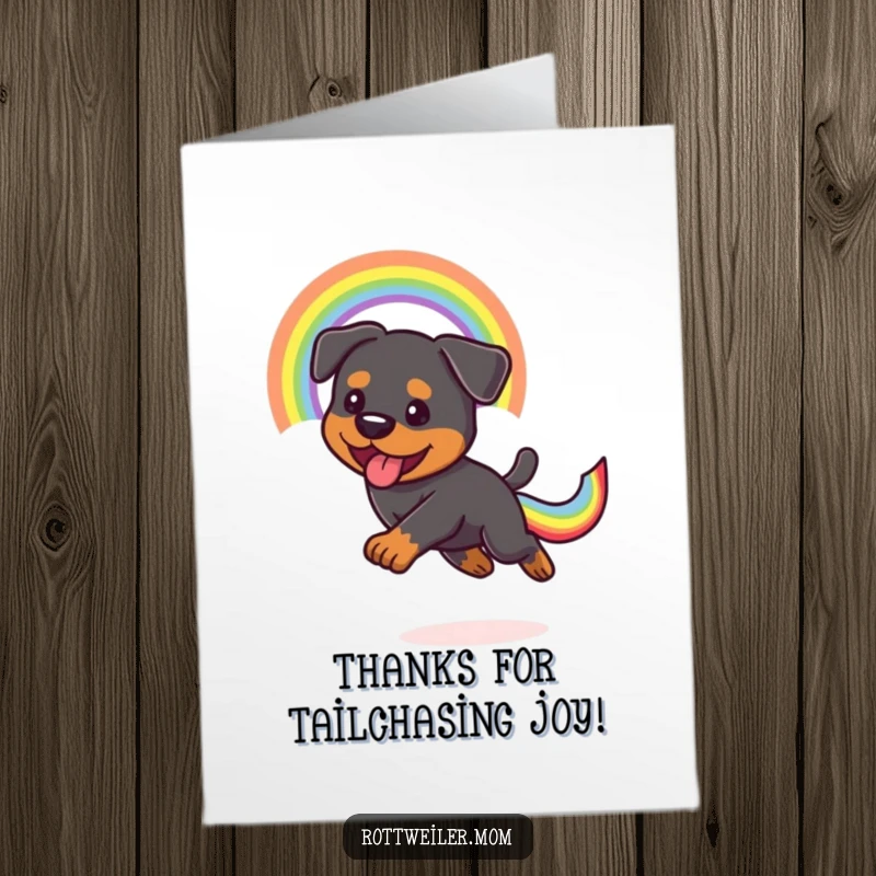 Funny Free Printable Thank You Card: A kawaii Rottweiler enthusiastically chasing a shimmering rainbow tail, sending thanks with playful energy.