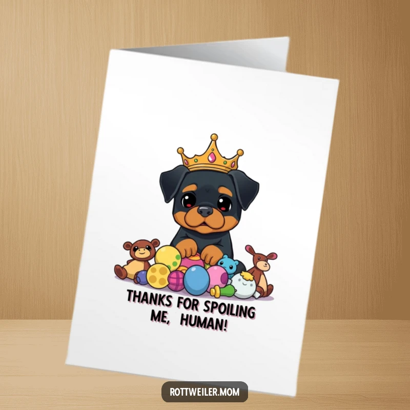 Funny Free Printable Thank You Card: Majestic Rottweiler in Crown, Grateful Dog, Toy Pile Humor