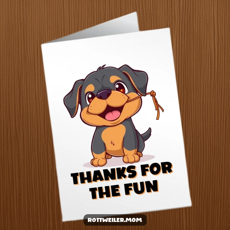 Funny Free Printable Rottweiler thank you card, playful, batting at string, happy eyes, thankful dog.