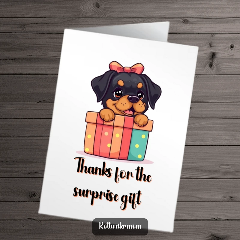 Funny free printable thank you card: a rottweiler excitedly peeks from a massive gift box, expressing thanks.