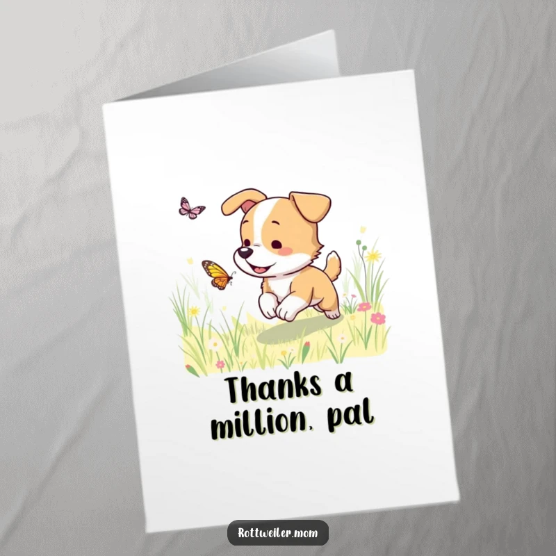 Funny Free Printable Thank You Card: Exhausted dog sits panting after chasing a butterfly in a sunlit meadow, conveying playful gratitude.