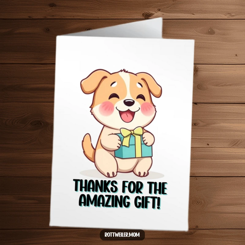 Funny Free Printable Thank You Card: A cheerful dog wags its tail, holding a wrapped gift box, ready to thank you.