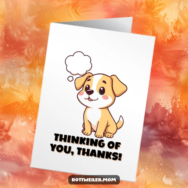 Funny Free Printable Thank You Card: A cartoon dog has a humorous thought bubble, contemplating how to say thank you.