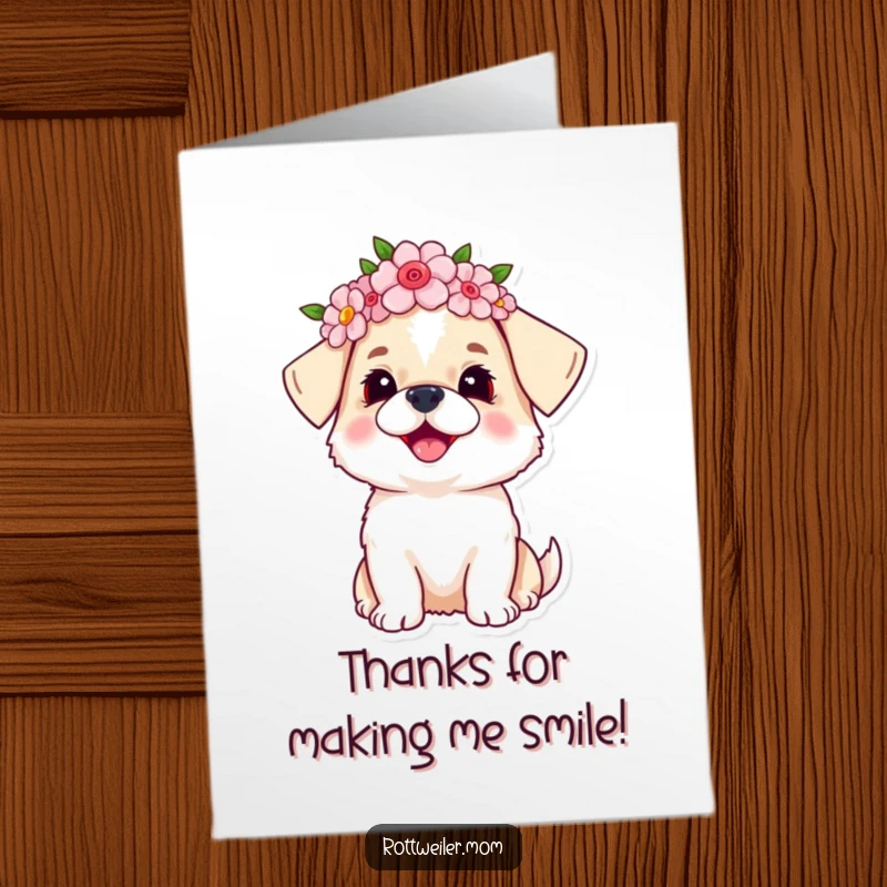 Funny Free Printable Thank You Card: A small dog with a flower crown, looking up with a sweet, thankful expression.