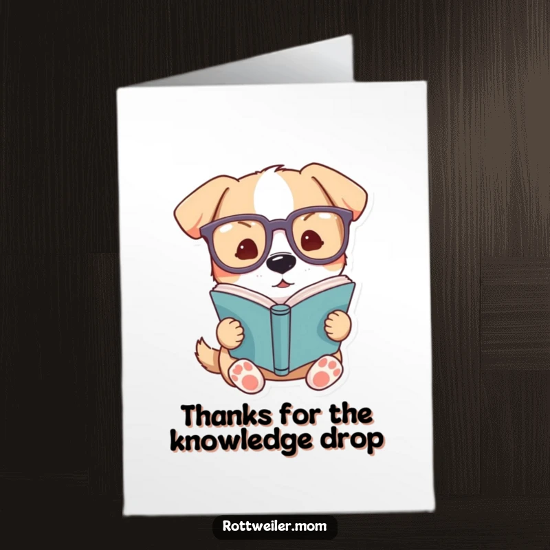 Funny Free Printable Thank You Card: A dog sporting large glasses focused on reading a book, sending thanks.