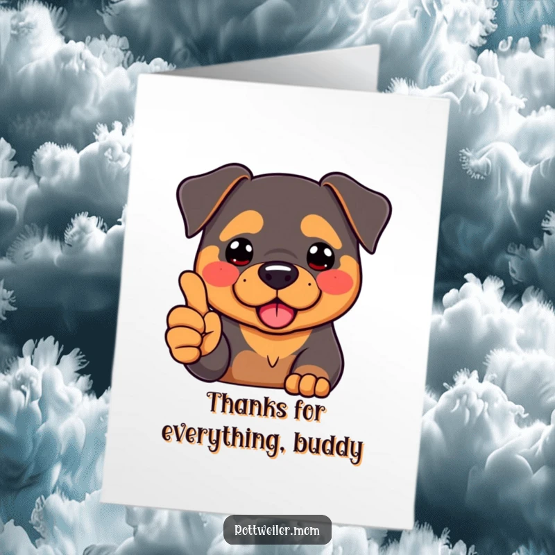 Funny Free Printable Thank You Card: Kawaii Rottweiler with rosy cheeks giving a big thumbs up, expressing thanks.