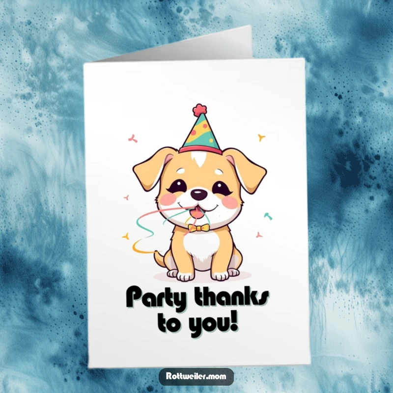 Funny Free Printable Thank You Card: A dog wearing a party hat joyfully blows streamers, conveying a cheerful and fun thank you.