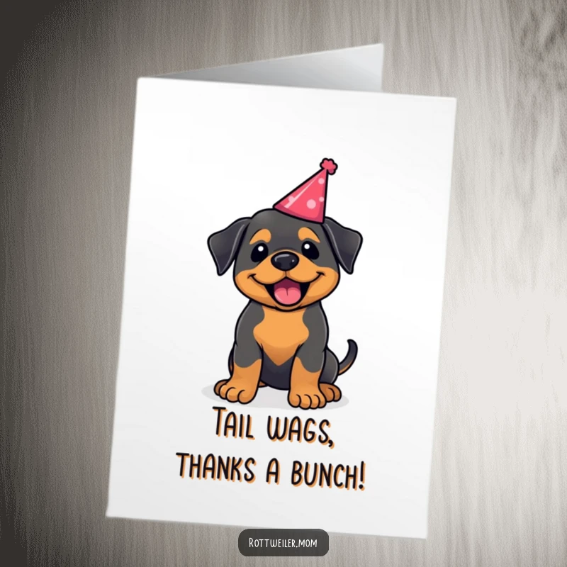 Funny Free Printable Thank You Card: A kawaii Rottweiler with a party hat, excitedly wagging its tail to say thanks.