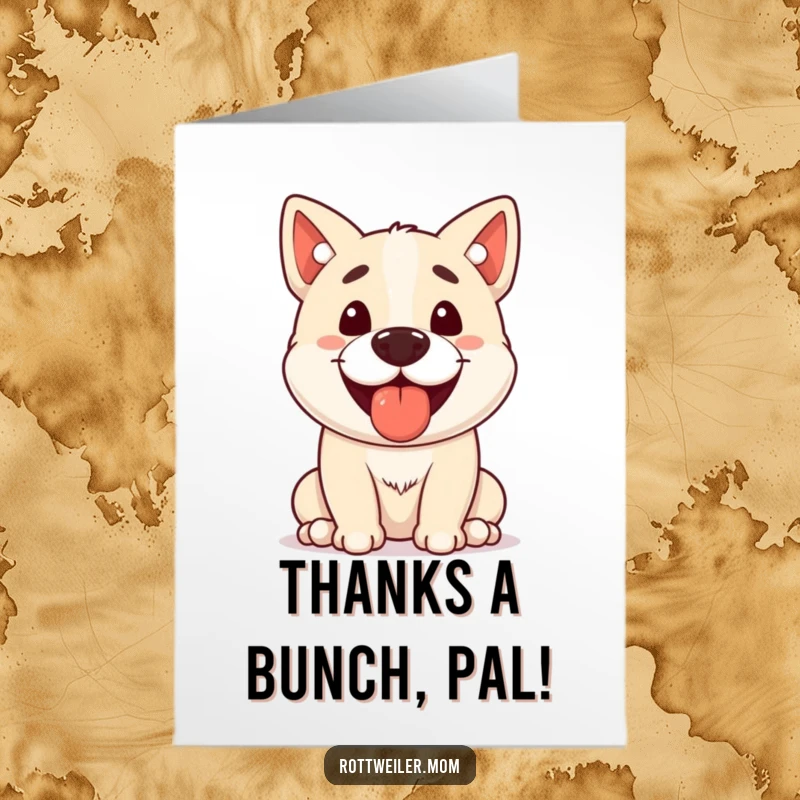 Funny Free Printable Thank You Card: stocky dog panting with a small treat balanced on its nose, a grateful gesture.