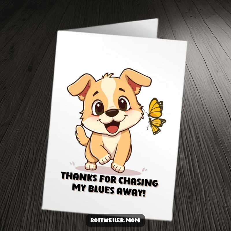 Funny free printable thank you card illustrating a gleeful dog chasing a butterfly with pure, childlike excitement and joy.