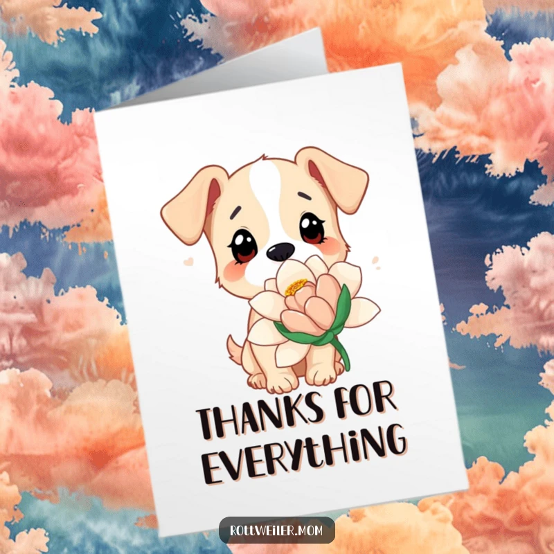Funny Free Printable Thank You Card: A dog with endearing, wide eyes curiously sniffs a giant flower, exuding gentle, thankful wonder.