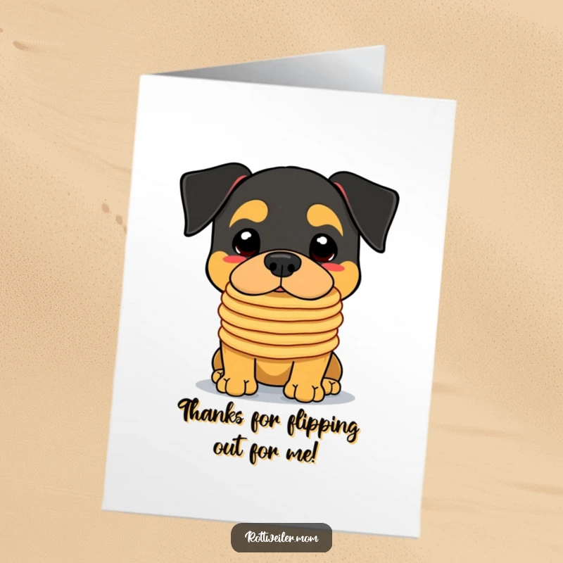 Funny free printable thank you card: A determined kawaii rottweiler balances a precarious pancake tower on its nose.