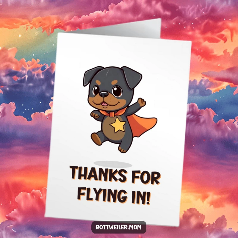 Funny free printable thank you card: A cute kawaii rottweiler superhero flies a short distance with a cape.