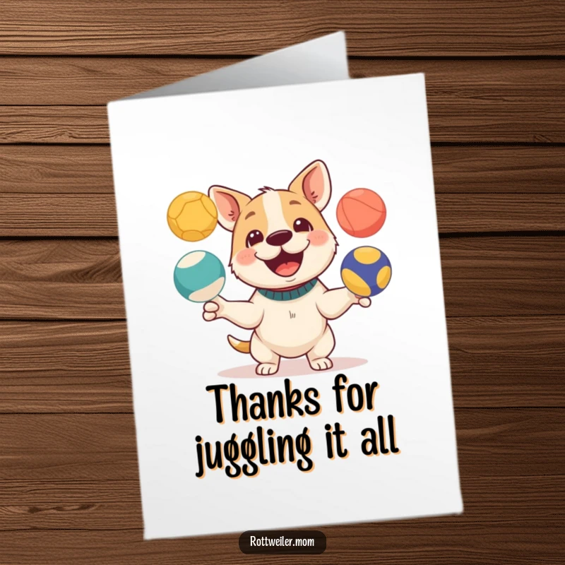 Funny Free Printable Thank You Card: A playful dog juggling colorful balls, expressing heartfelt thanks.