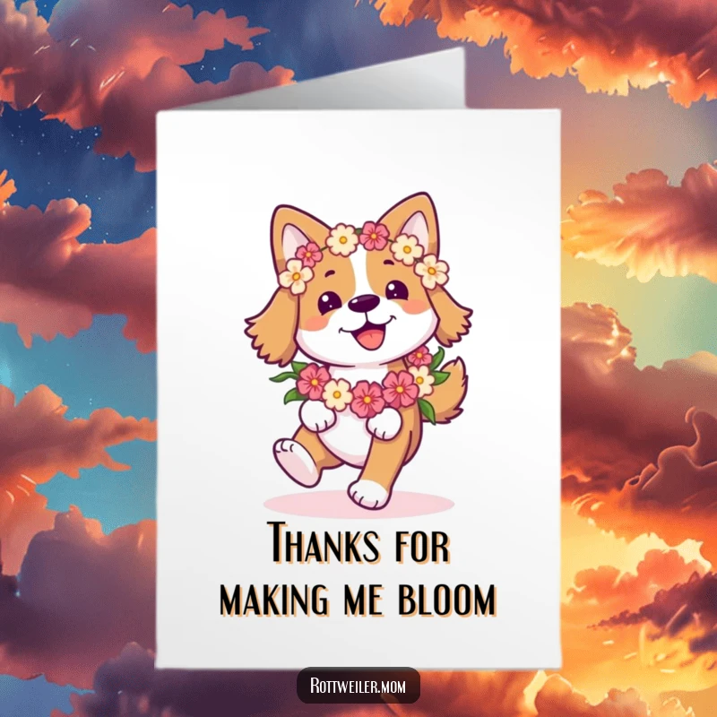 Funny Free Printable Thank You Card: Dog wearing a flower garland joyfully prancing with a wagging tail, a happy thank you.