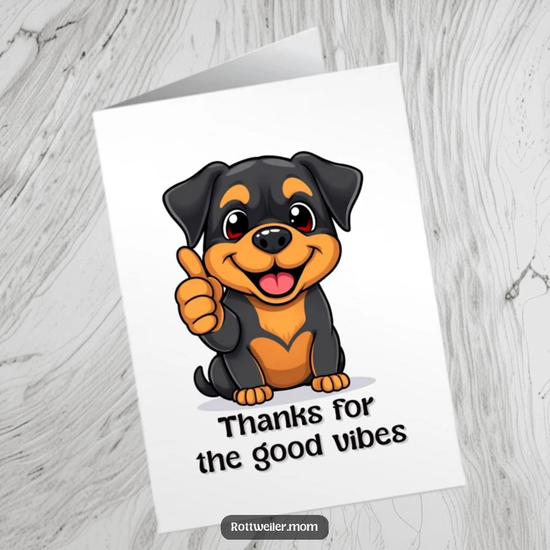 Funny Free Printable Rottweiler thank you card, enthusiastically giving thumbs-up, big smile, appreciated dog.